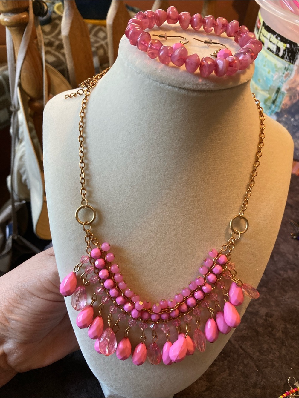 Pink Beaded Statement Necklace, Earrings and Bracelet Set